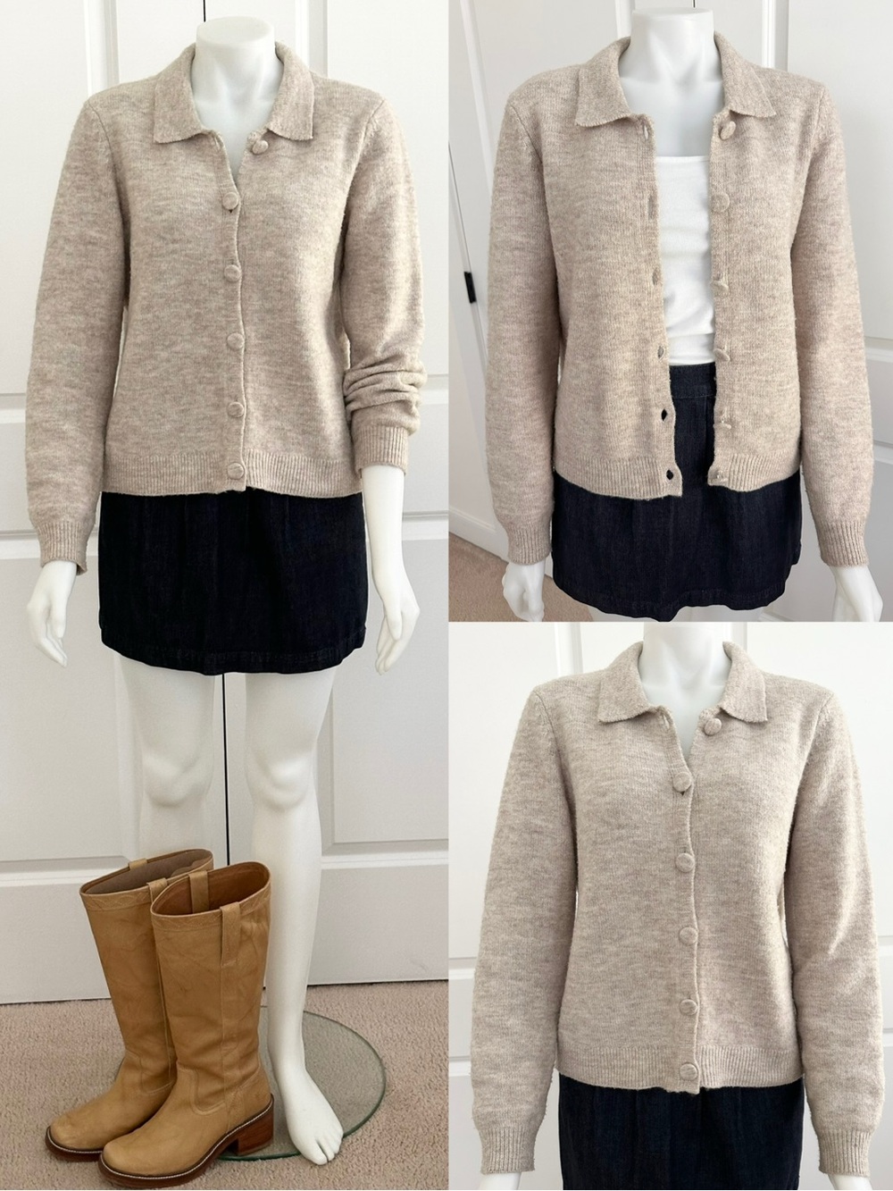 Vero Moda Fall Heathered Knit Button-Up Collared Cardigan Sweater Oatmeal Beige